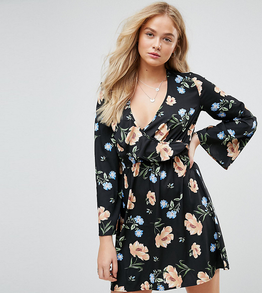 Influence Tall Flared Sleeve Frill Wrap Floral Dress