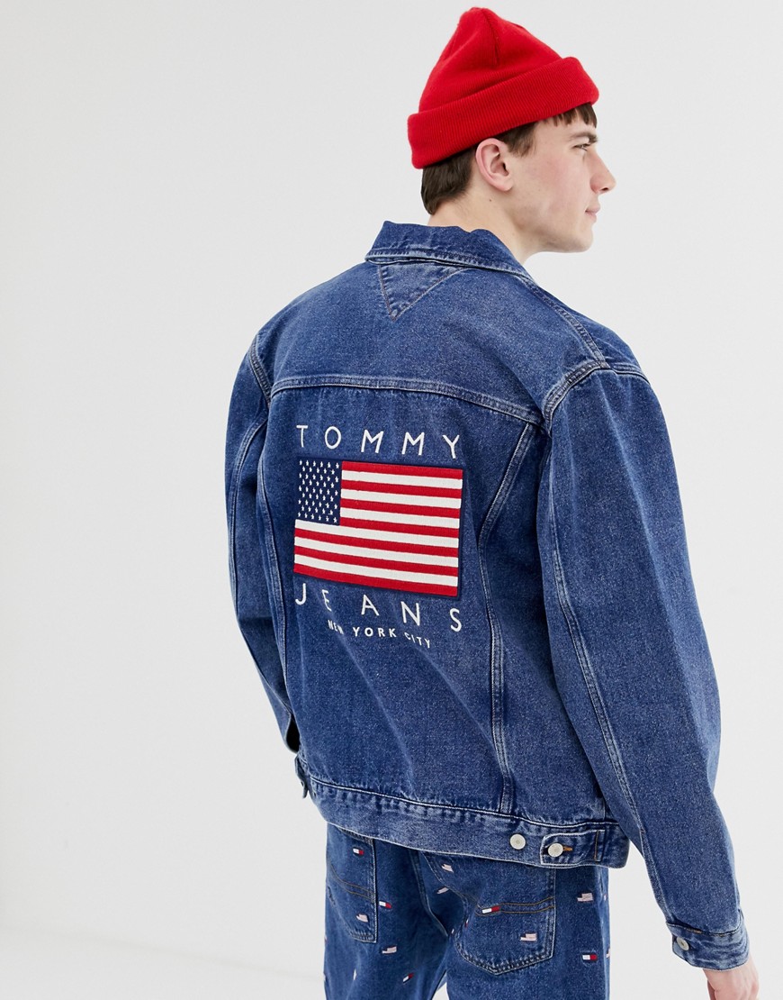 Tommy Jeans US Flag Capsule back logo print denim jacket in mid wash