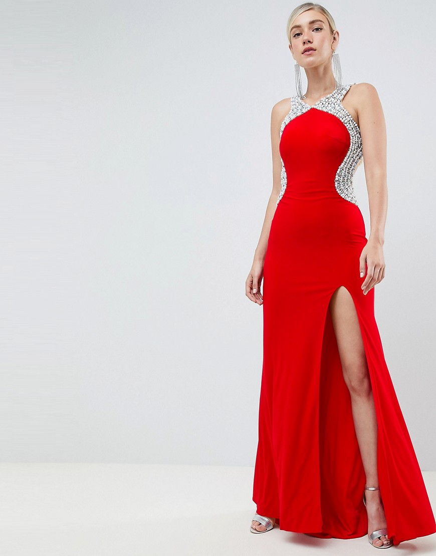 Jovani Heavily Embellished Side Split Maxi Dress - Red