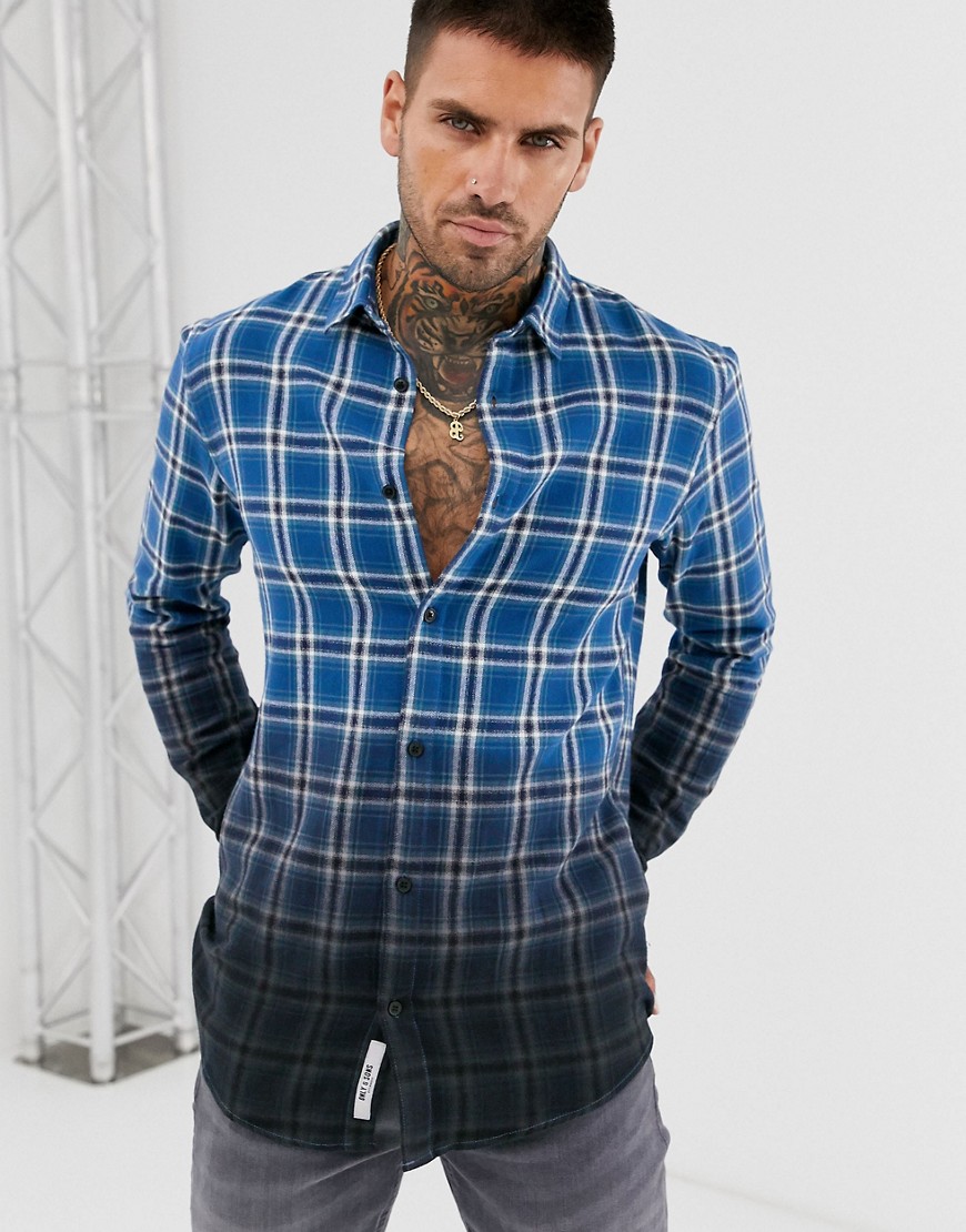 Only & Sons slim check shirt in dip dye fade grey