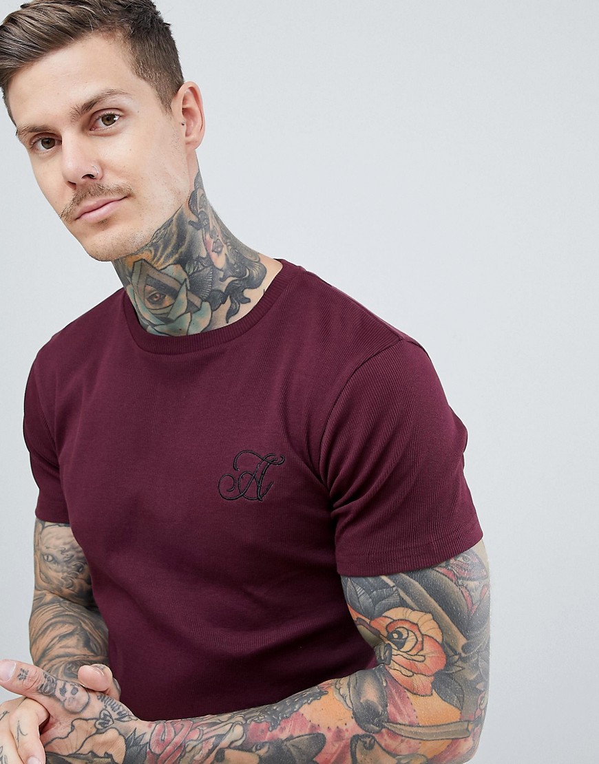 Ascend Muscle Fit Burgundy Ribbed T-Shirt with Curved Hem - Burgundy
