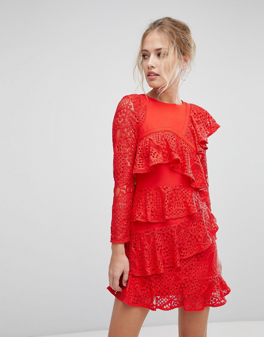 Aijek Long Sleeve Mini Lace Shift Dress With Ruffle Detail
