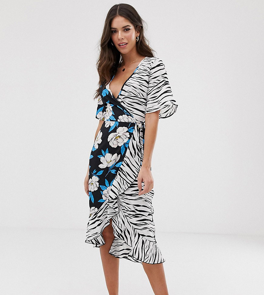 Influence Tall midi wrap dress in floral zebra print mix
