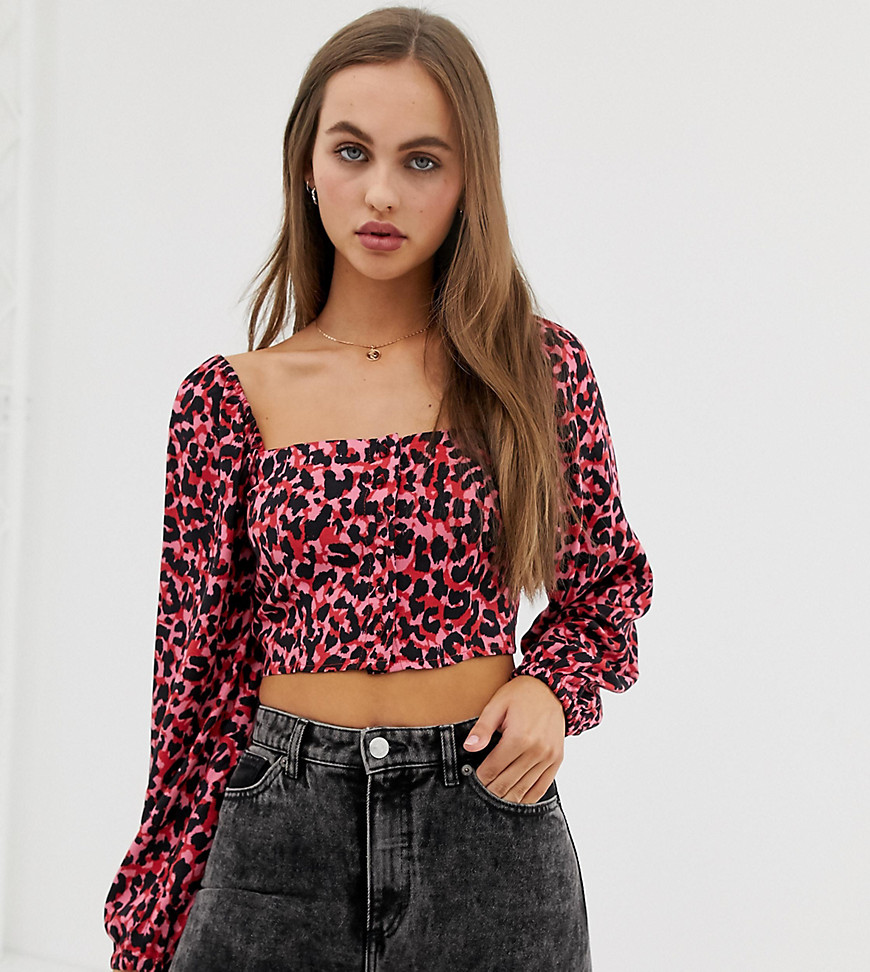 Pull&Bear square neck blouse in pink leopard print