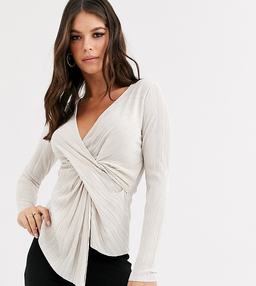 ASOS DESIGN Tall long sleeve plisse top with drape twist front in dark ivory