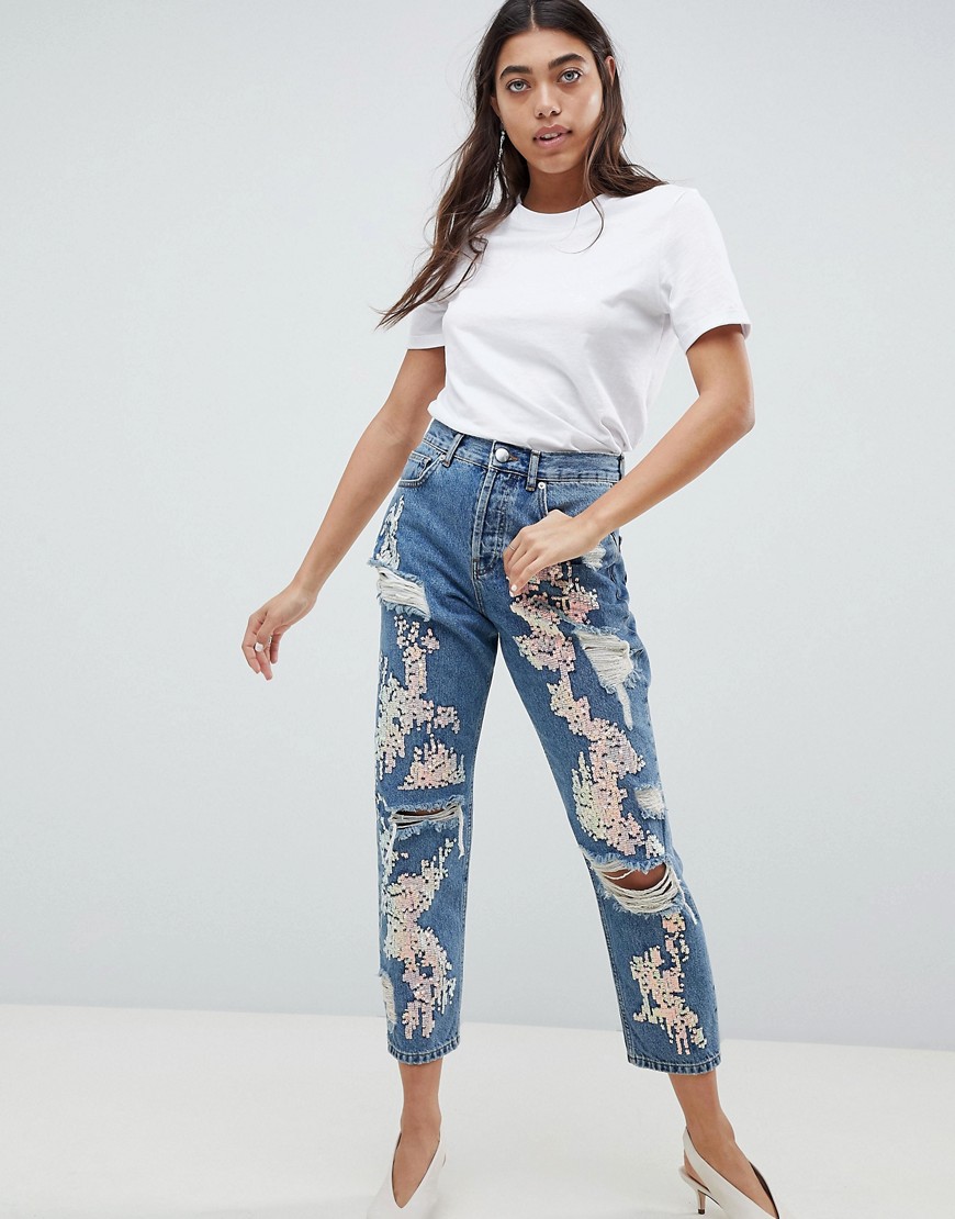 ASOS DESIGN boyfriend jeans in mid wash with varigated sequins