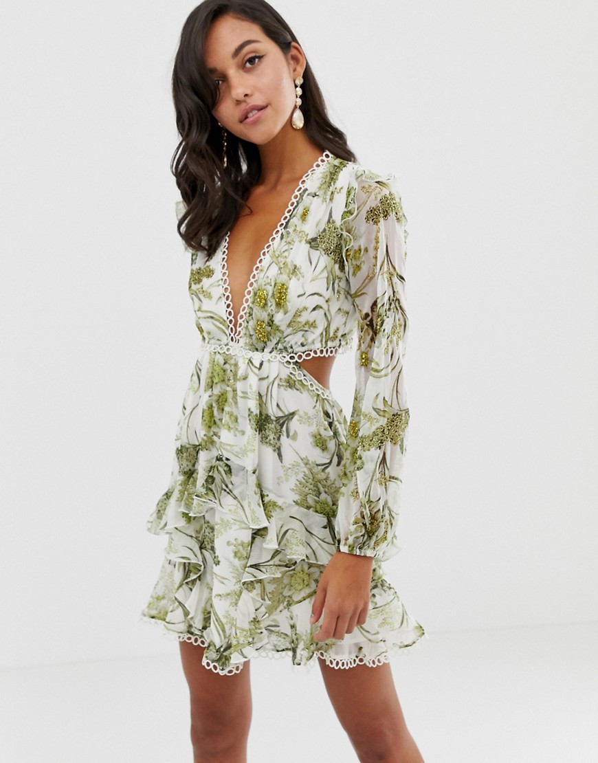 ASOS DESIGN long sleeve mini dress in floral print with cluster embellishment detail and circle trims