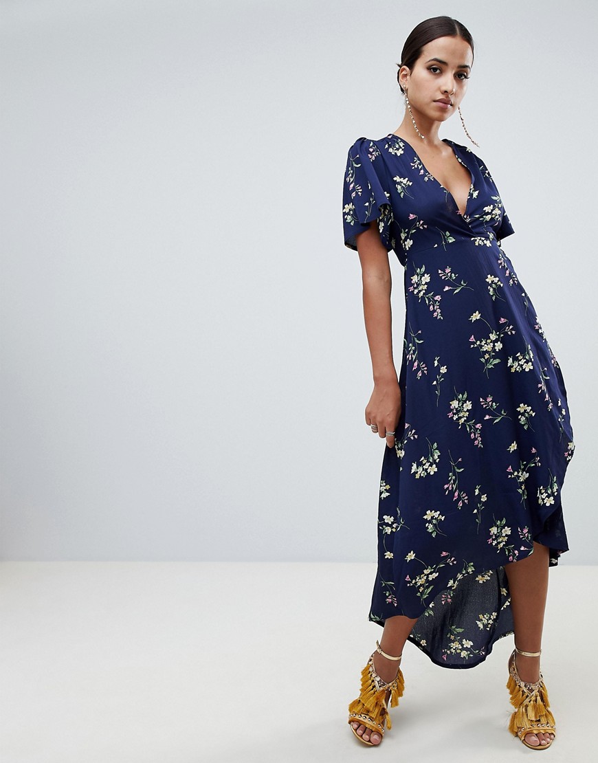 Missguided Floral Wrap Front Midi Dress