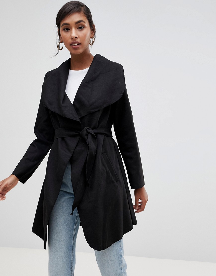 Brave Soul belted coat with oversized lapel
