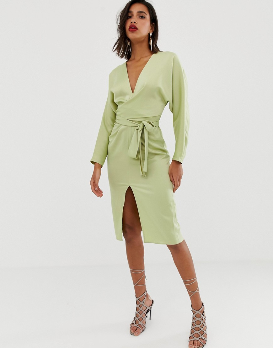 ASOS DESIGN midi dress with batwing sleeve and wrap waist in satin