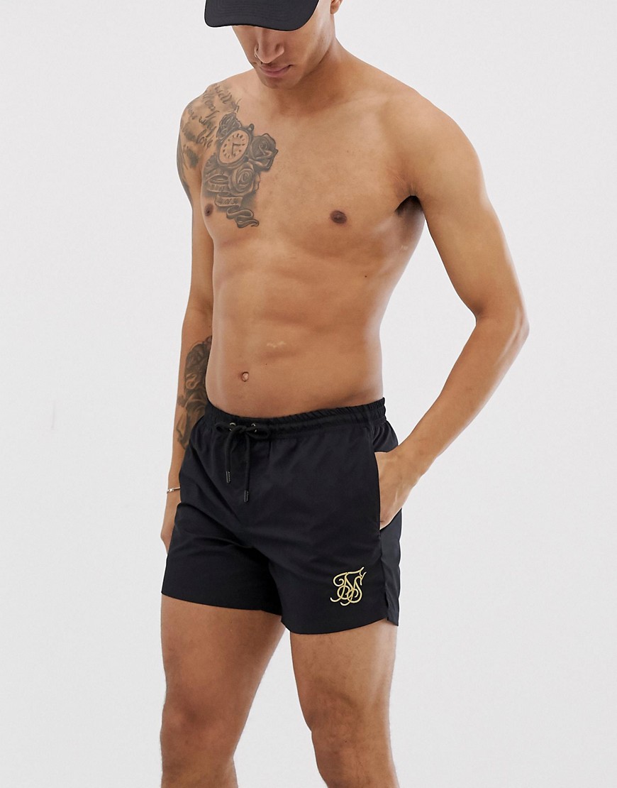 SikSilk swim shorts in black with gold logo