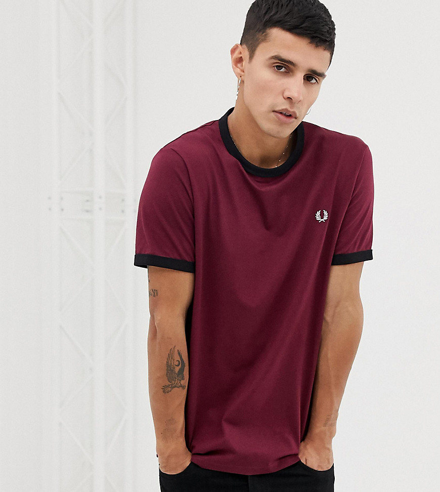 Fred Perry slim fit contrast ringer t-shirt in burgundy Exclusive at ASOS