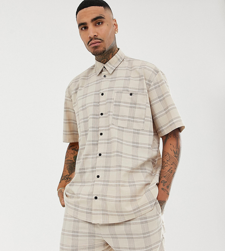 Milk It Vintage oversized shirt in stone check co-ord - Stone
