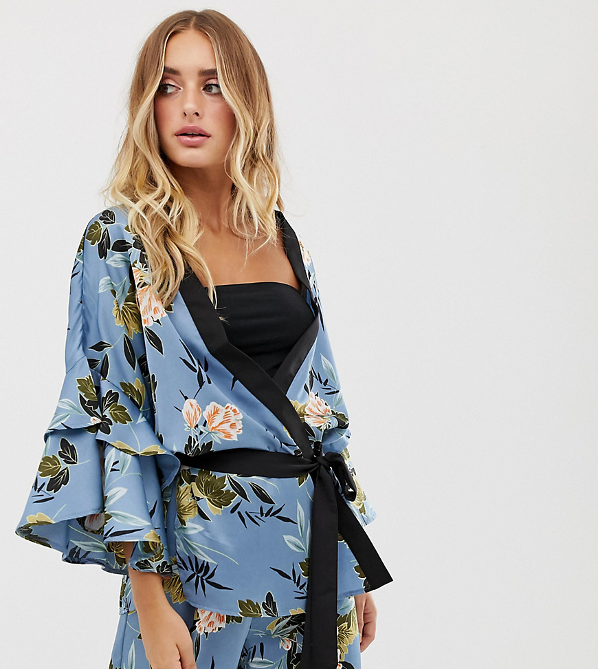 Missguided co-ord satin belted jacket with frill sleeves in blue floral print