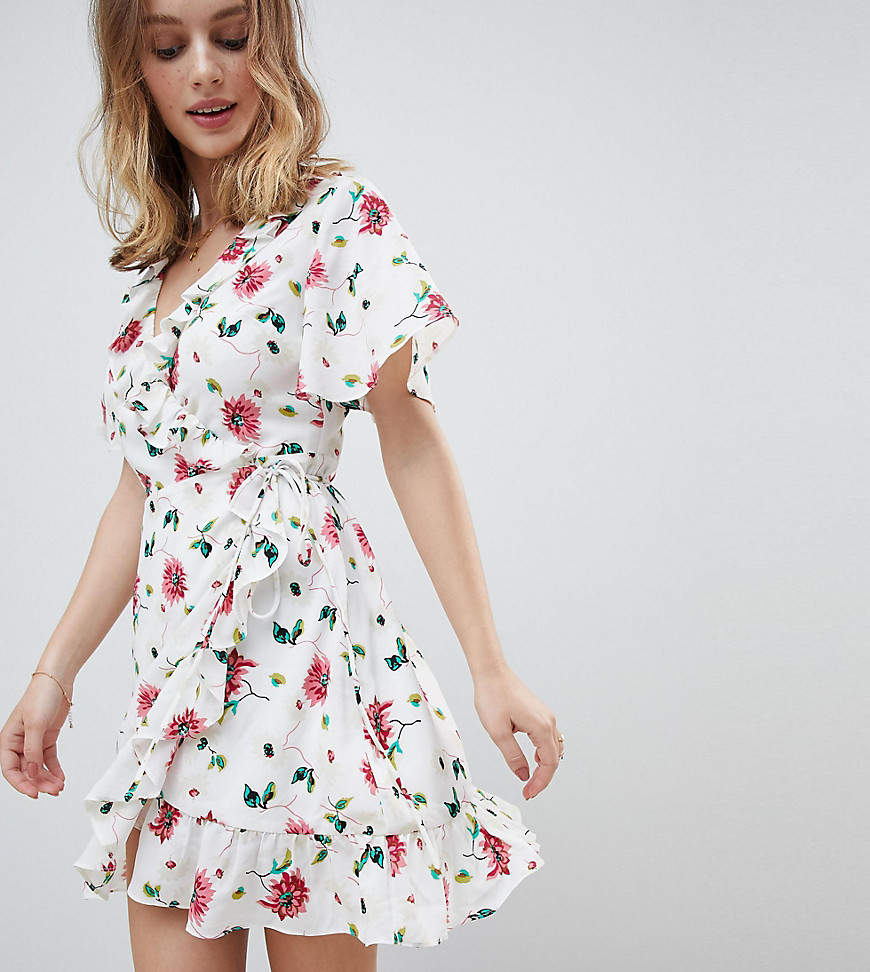 Glamorous Petite Mini Wrap Dress With Ruffle Hem And Tie Waist In Ditsy Floral - Soft rose floral