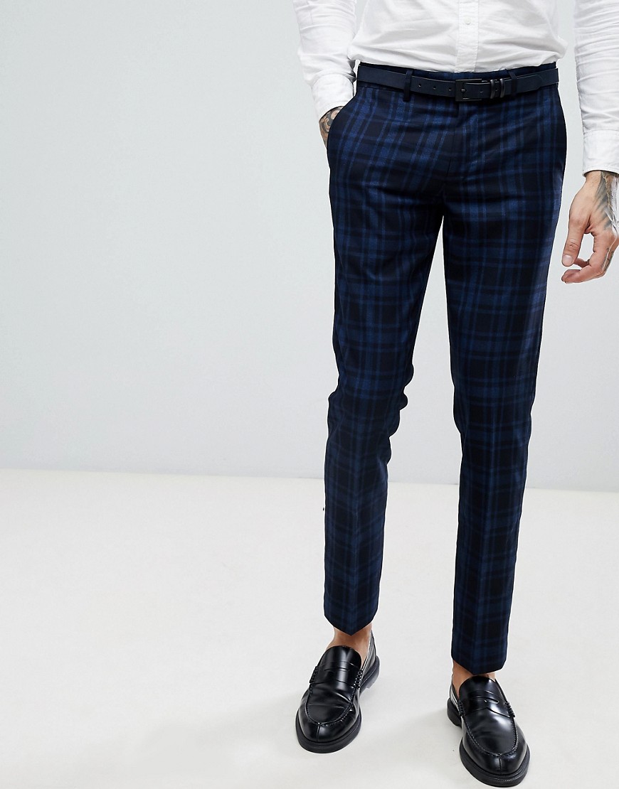 Farah Skinny Suit Trousers In Check - Navy