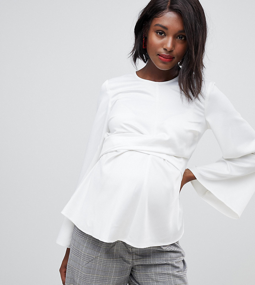 ASOS DESIGN Maternity long sleeve top with tie front and bell sleeve