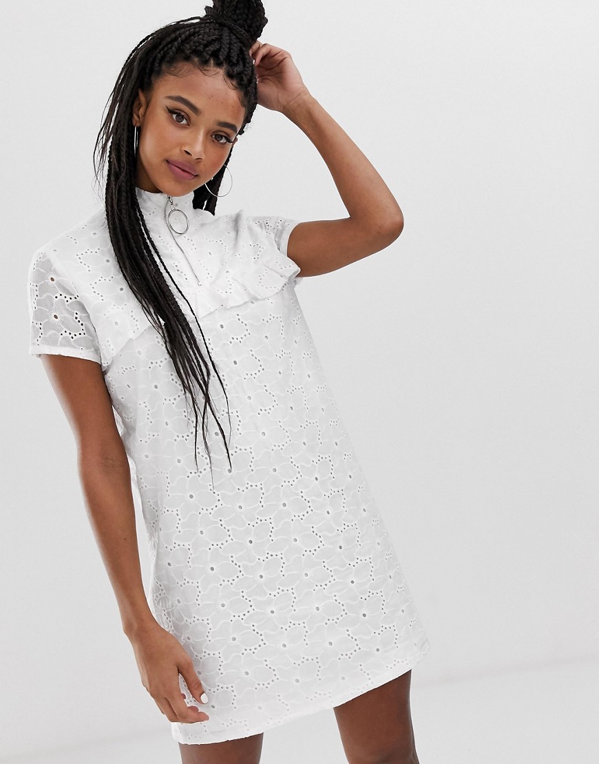 Daisy Street shift dress with ring pull and ruffle detail in broderie