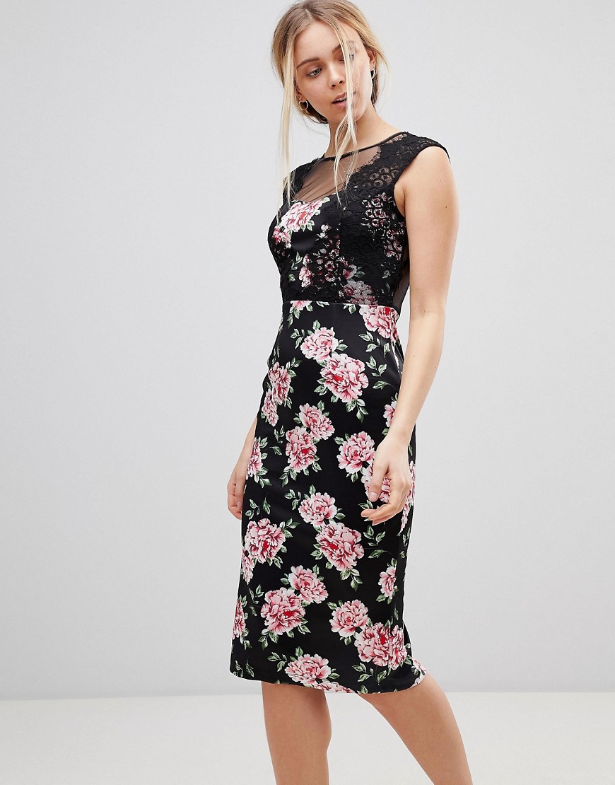 Girls on Film Floral Midi Dress With Lace Detail - Black