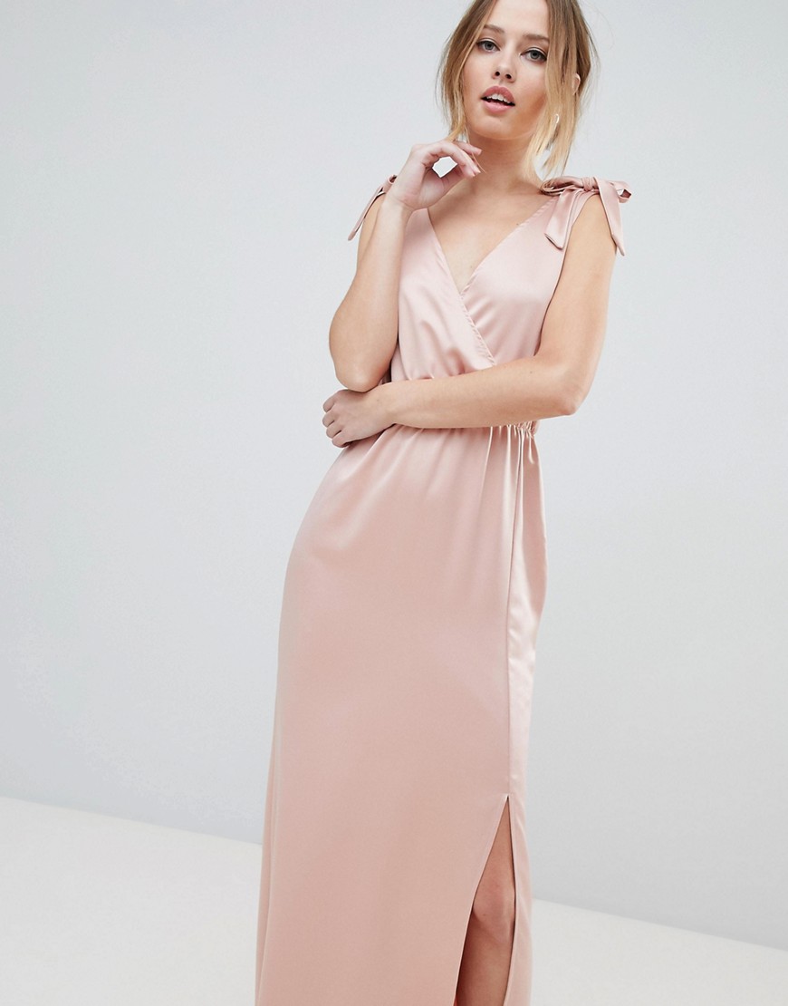 Silver Bloom Tie Shoulder Plunge Maxi Dress - Pink