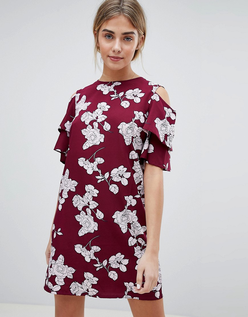 Daisy Street Floral Shift Dress with Cold Shoulder - Wine