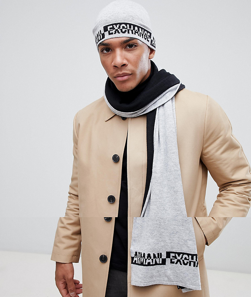 Armani Exchange scarf & beanie gift set in light grey