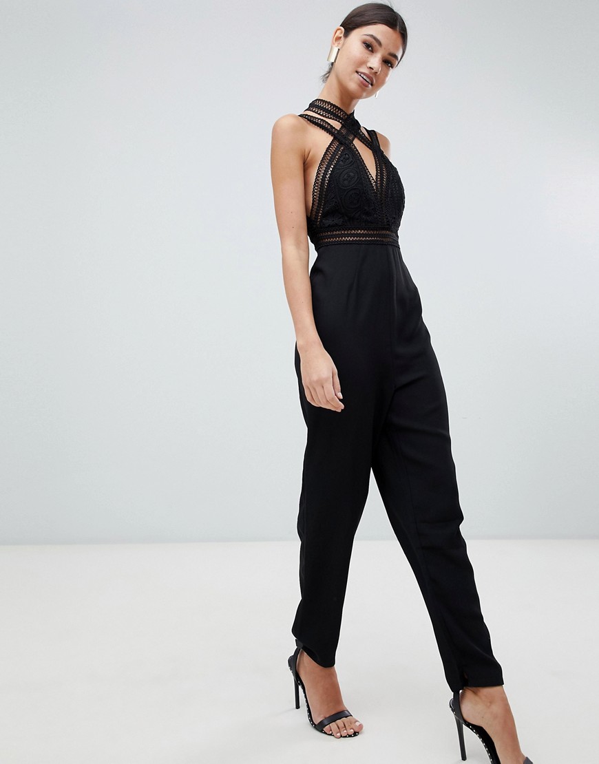 Love Triangle multi strap jumpsuit with contrast lace cross front in black