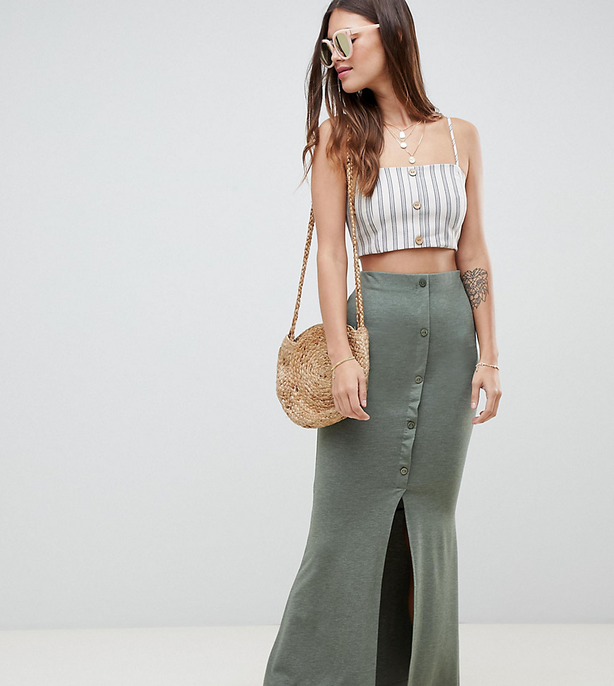 ASOS DESIGN maxi skirt with button front and split detail in khaki marl