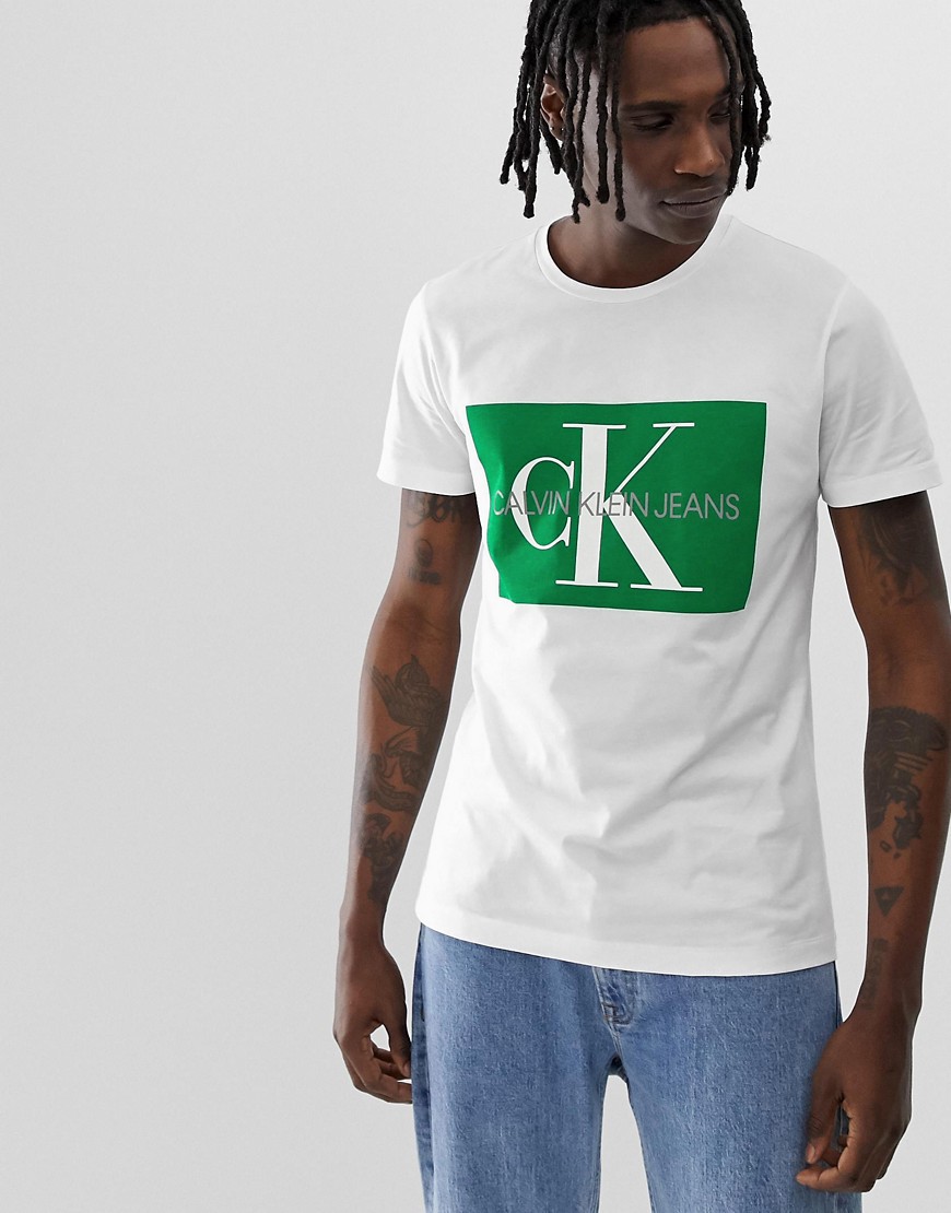 Calvin Klein Jeans monogram box logo slim fit t-shirt in white/green