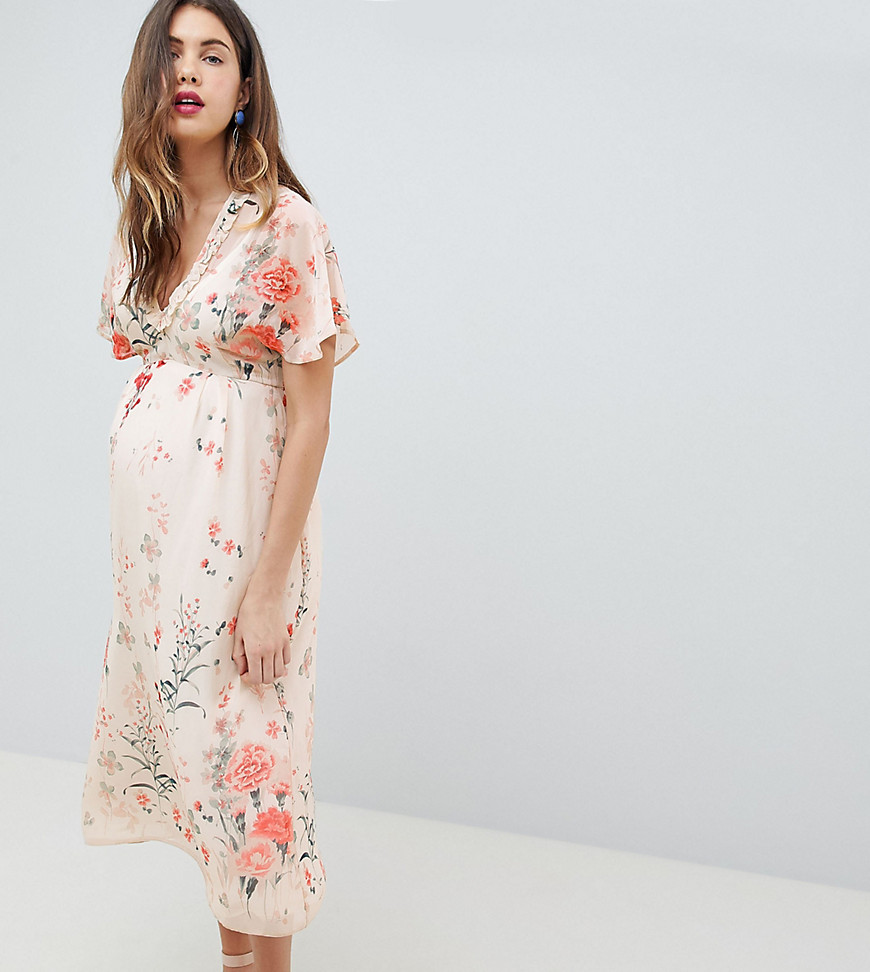 Queen Bee Fluted Sleeve Midi Dress in Floral Print