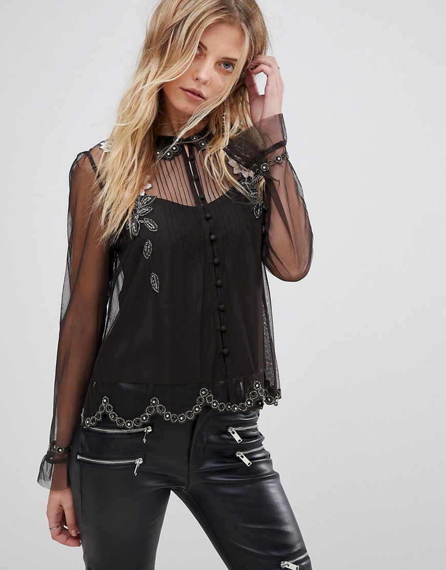 French Connection Embellished Mesh and Velvet Blouse - Smokey