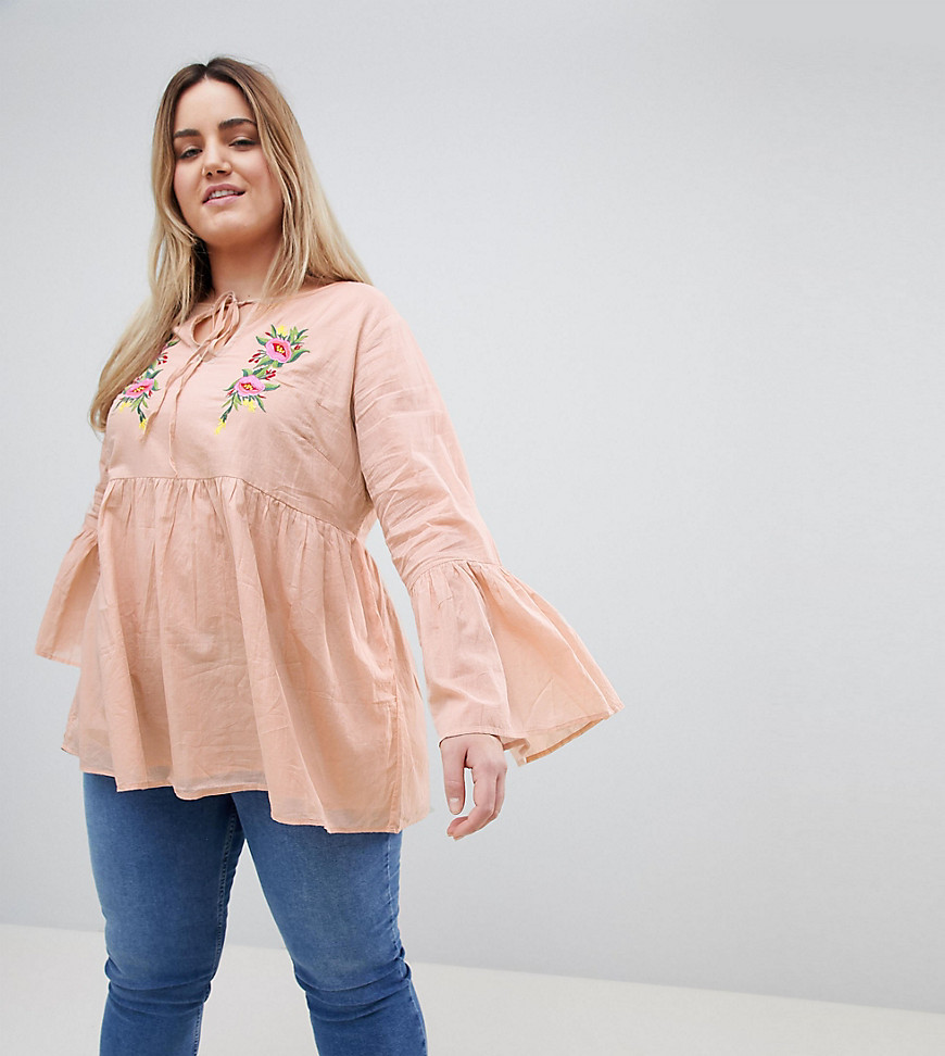 Glamorous Curve Smock Top With Tie Front And Floral Embroidery - Blush