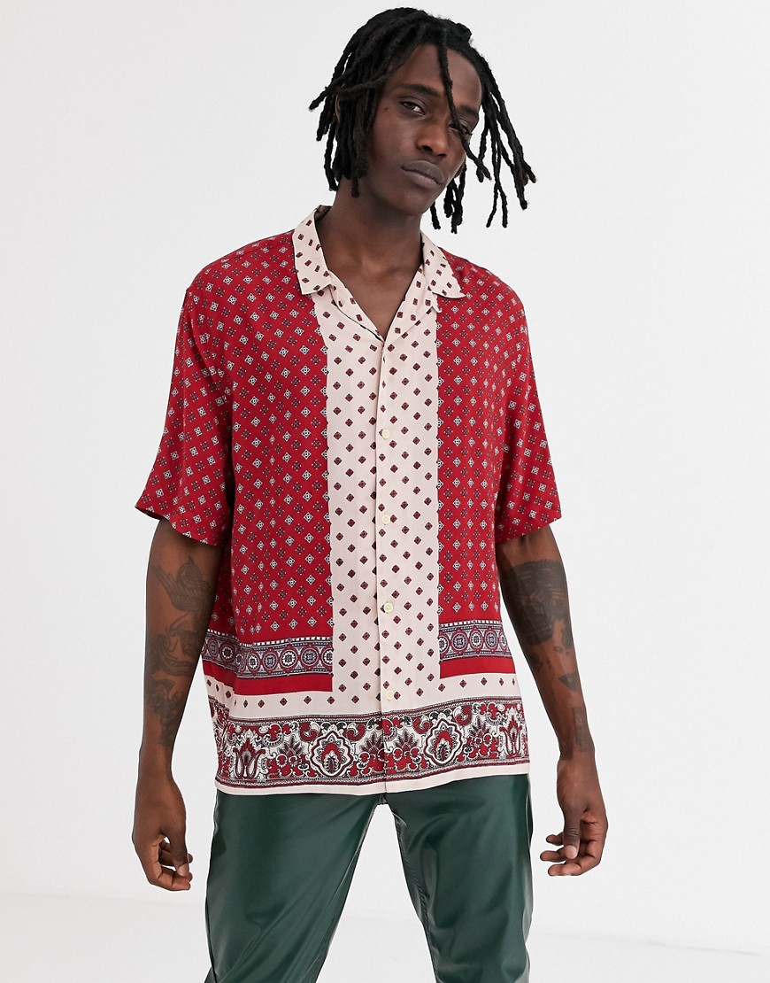 AllSaints revere collar short sleeve shirt in red bandana print