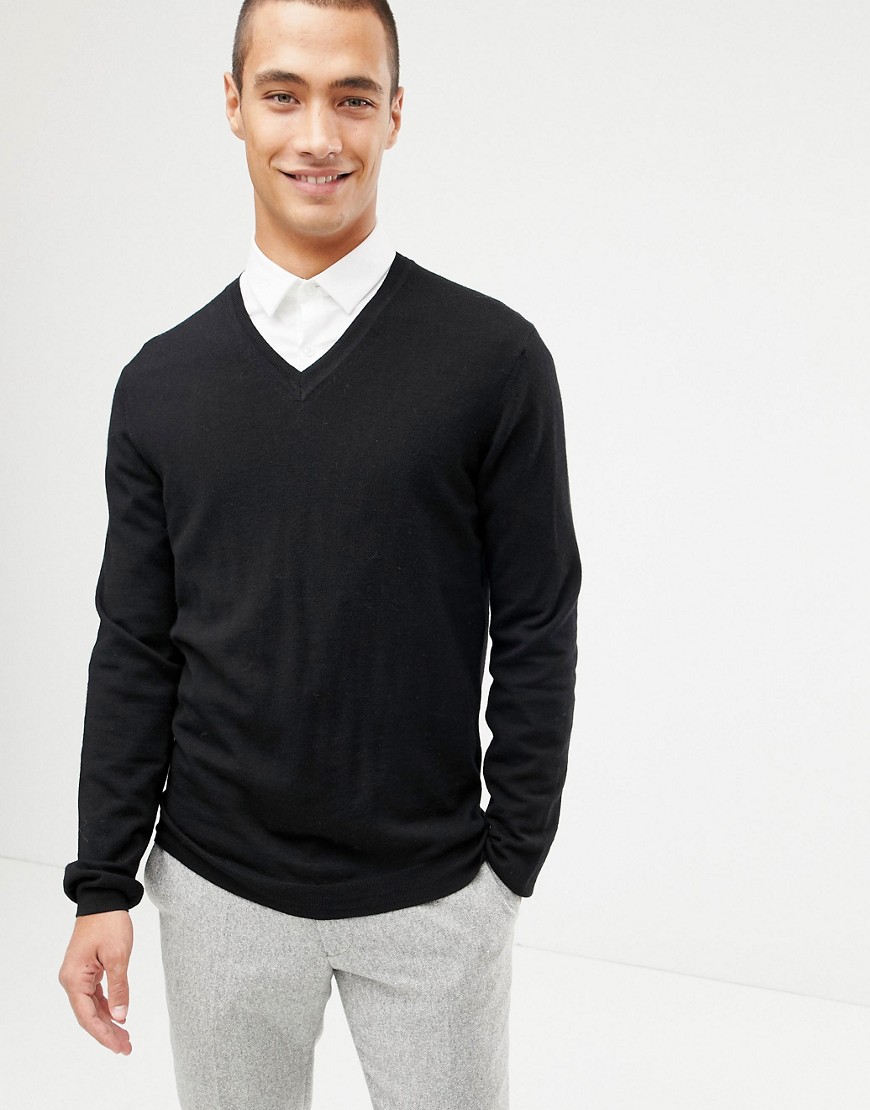 ASOS DESIGN merino wool v-neck jumper in black