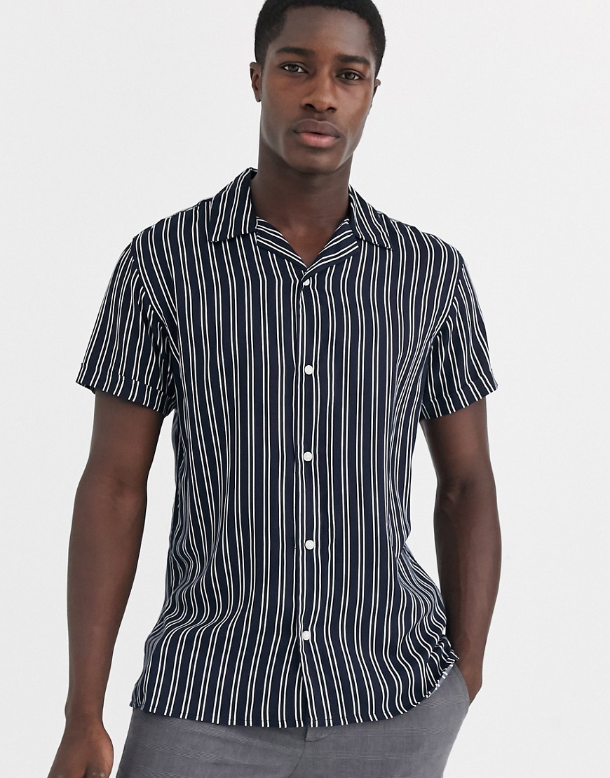 Jack & Jones Premium stripe revere collar shirt in black