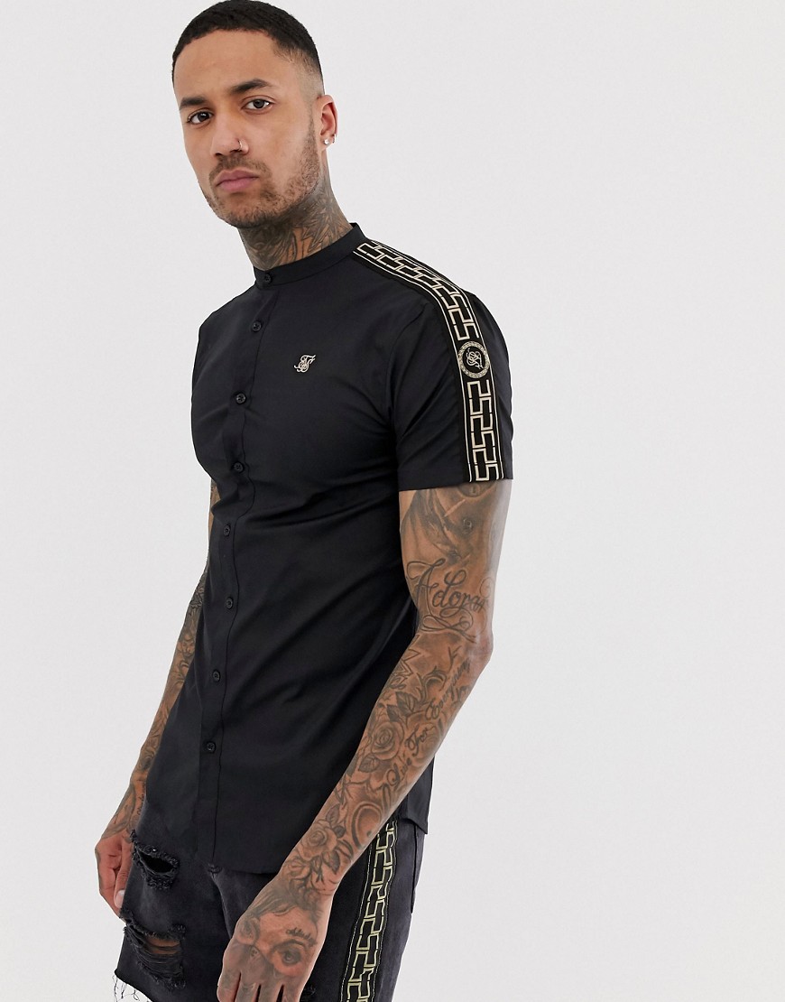 SikSilk co-ord short sleeve shirt in black with gold detailed side stripe
