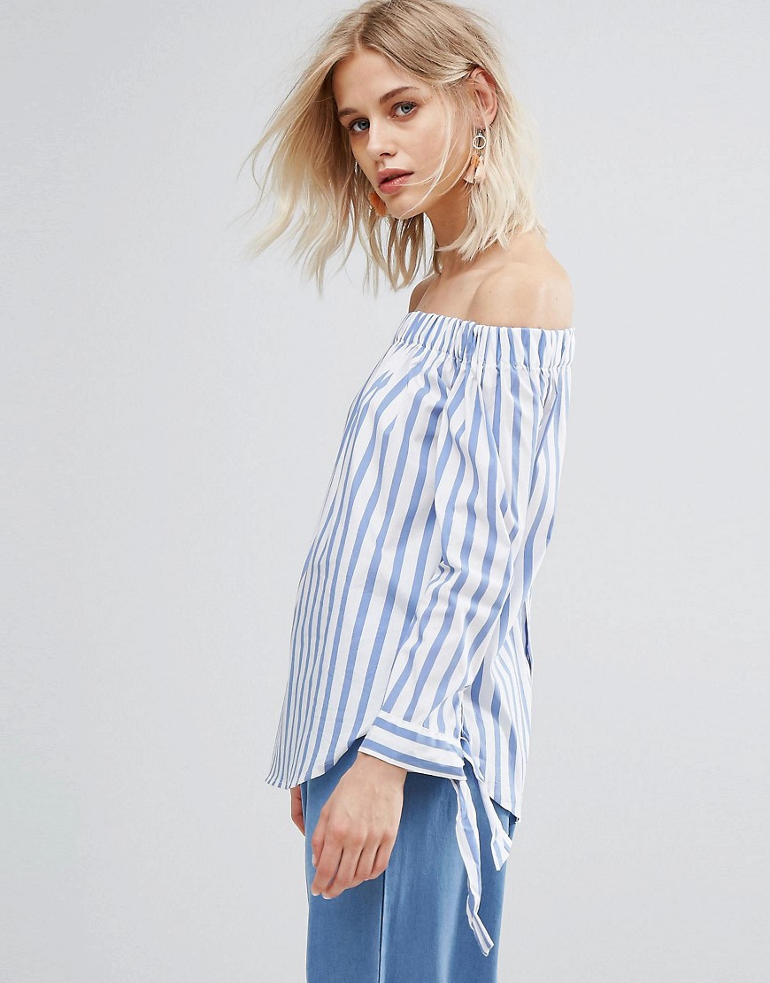 Mango Stripe And Tie Sleeve Off The Shoulder Top - Blue