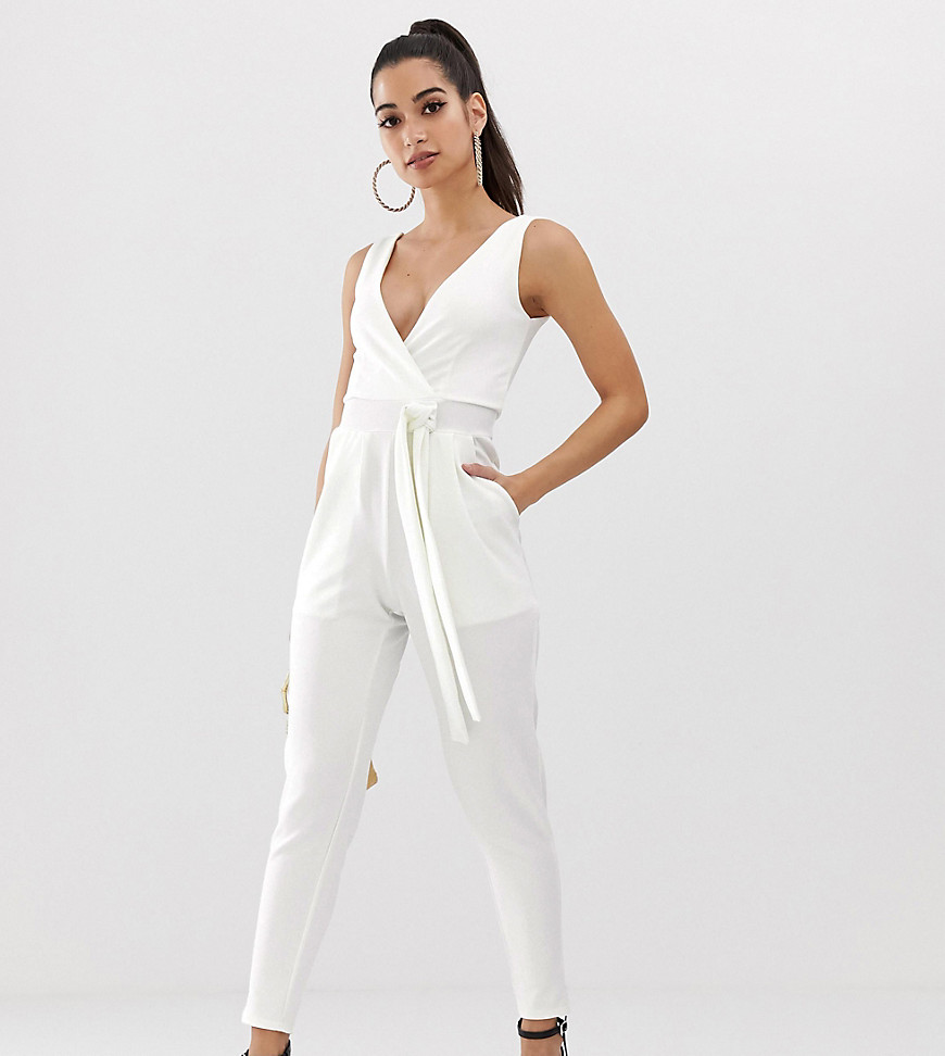 Outrageous Fortune Petite tie waist jumpsuit in white