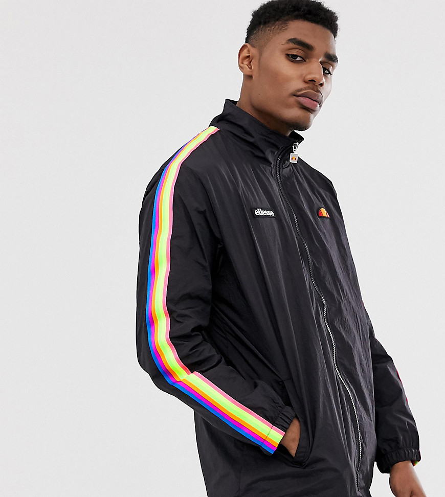 Ellesse Nardo shell suit track top with rainbow taping in black exclusive at ASOS