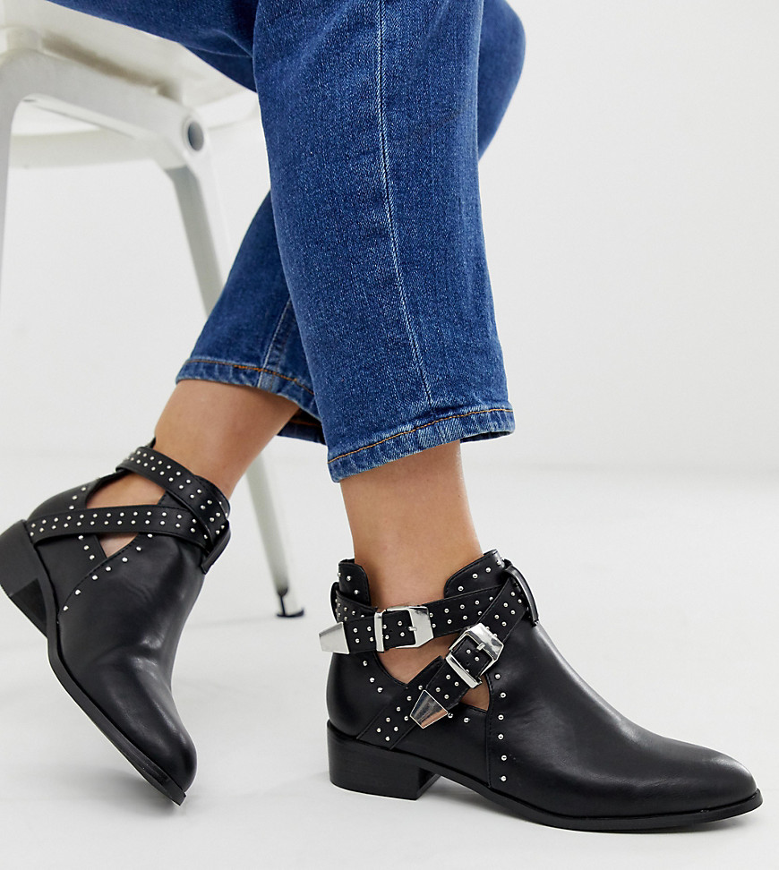 Pimkie low heeled boots with studs and straps detail in black