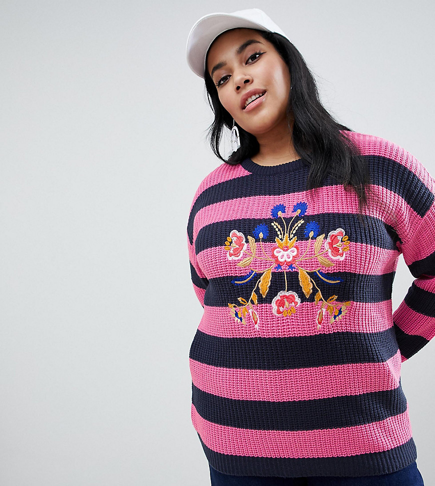 Brave Soul Plus bouquet stripe jumper with embroidery