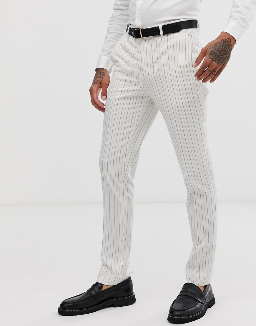 Avail London skinny fit suit trousers in stone with navy pinstripe