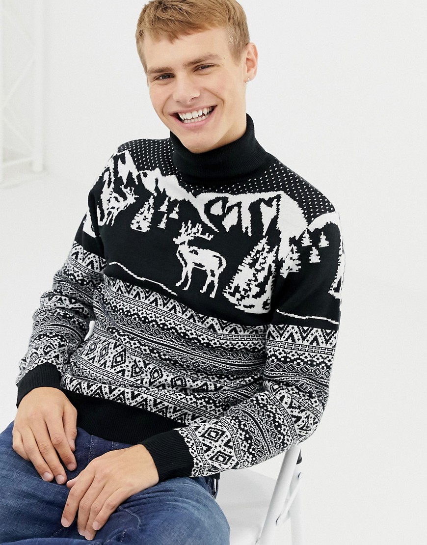 Burton Menswear roll neck Christmas jumper with fairisle stags in navy