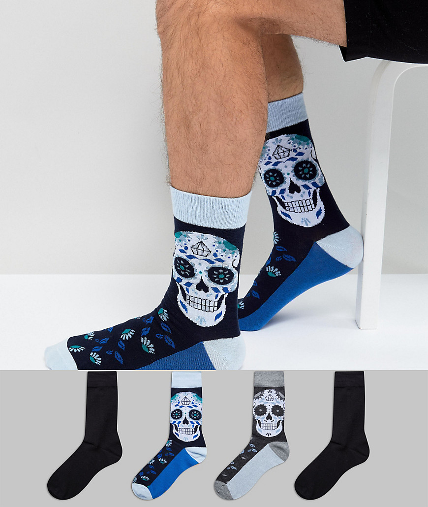 Jack & Jones Skull Print & Plain Socks In 4 Pack - Multi