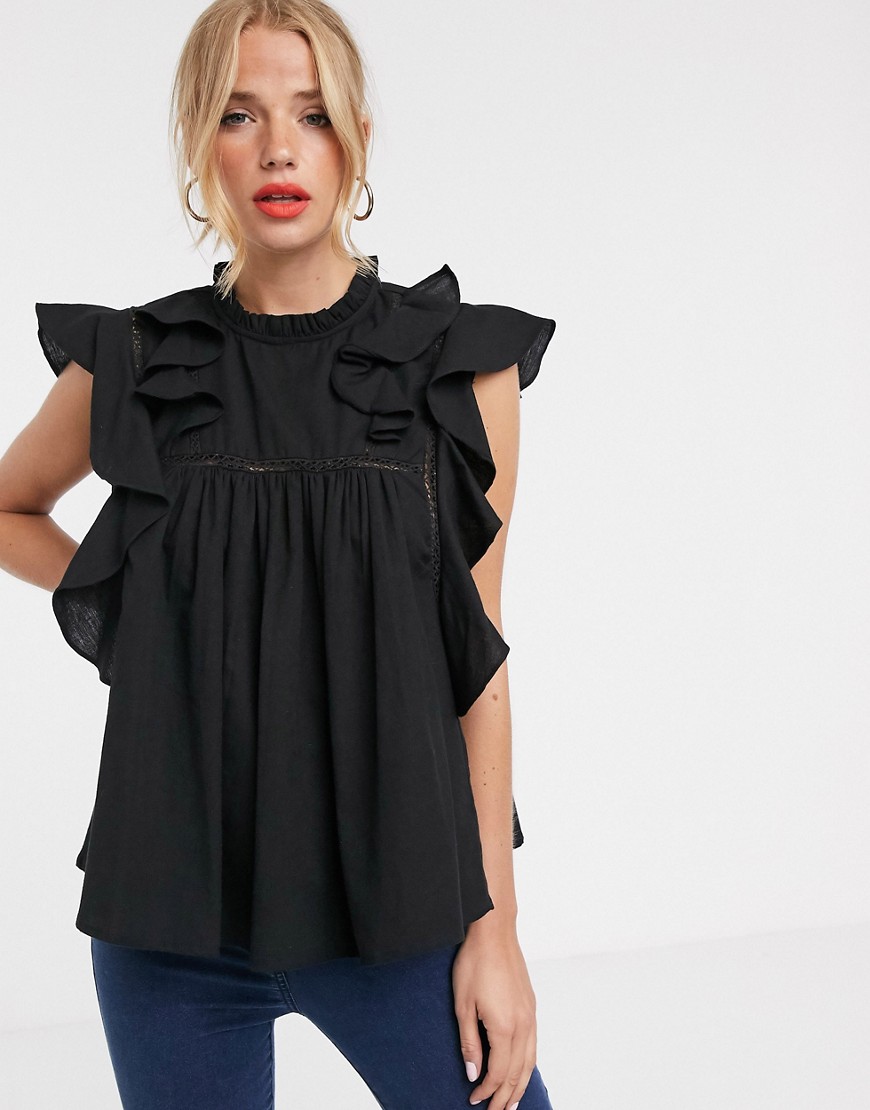 ASOS DESIGN linen ruffle top with lace up detail