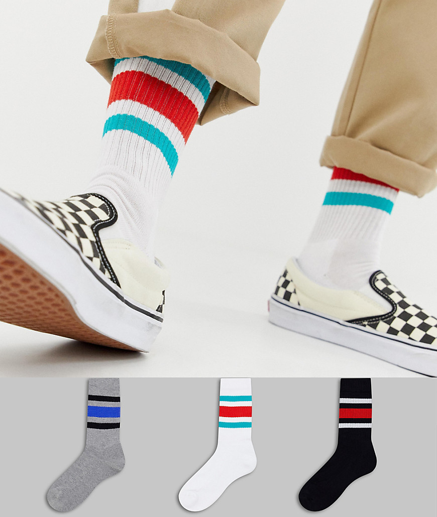 ASOS DESIGN sports style socks with retro wide stripes 3 pack multipack saving