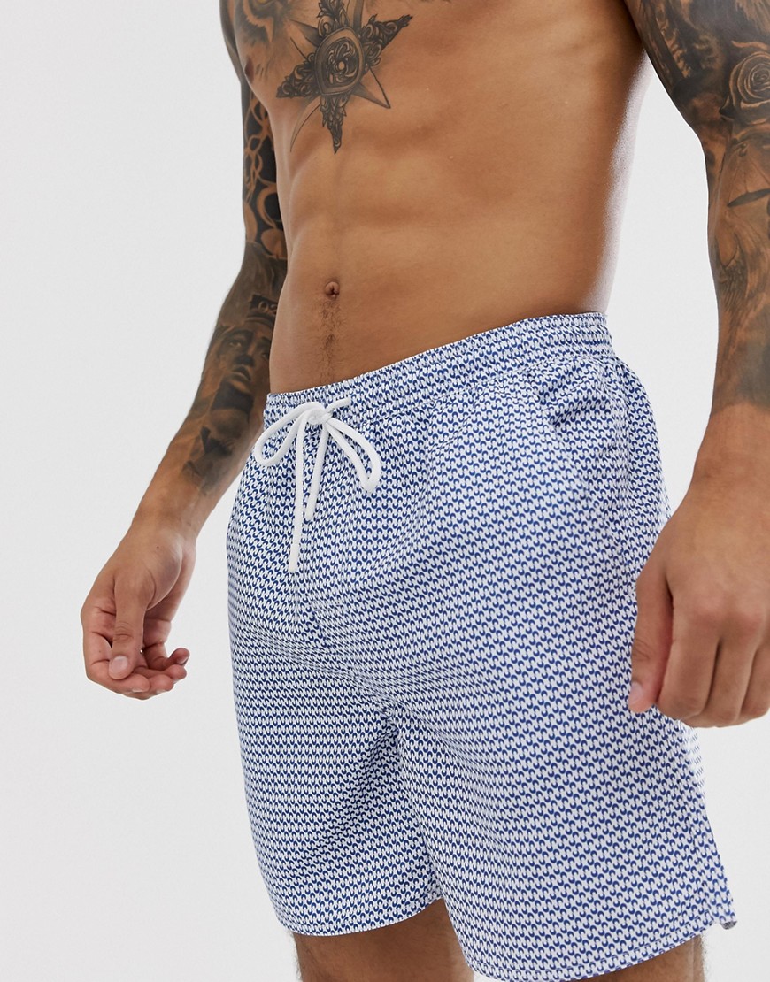 French Connection small print white and blue geo swim shorts