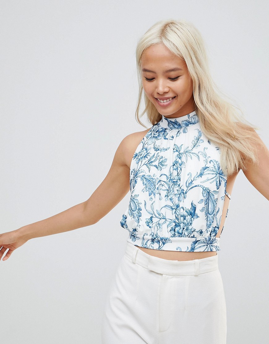 Love Floral High Neck Pleated Top - Blue/white