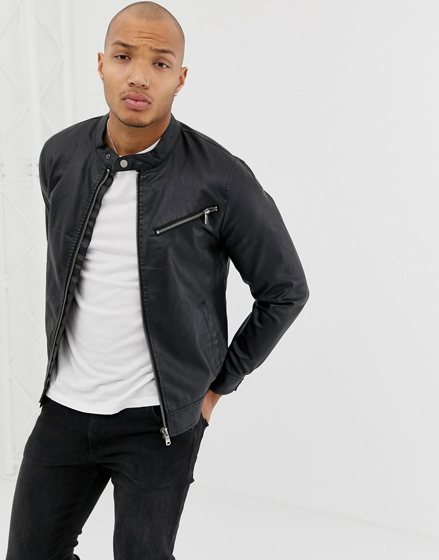 Blend faux leather racer jacket in black with zip detail