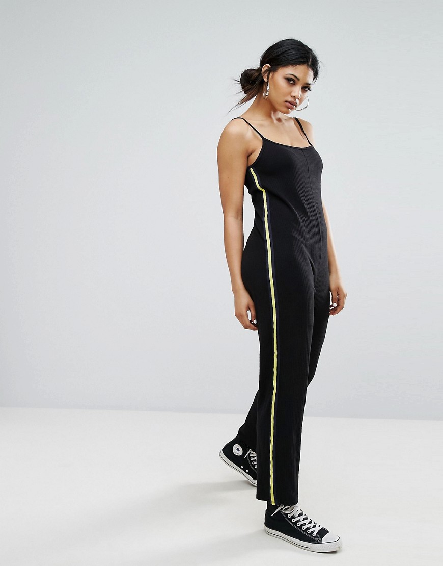 Daisy Street Cami Jumpsuit With Sports Stripe In Rib - Black